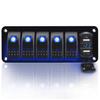 6 Gang Rocker Switch Aluminum Panel with Voltmeter 4.2A Dual USB Fast Charging Blue LED Pre-Wired IP65 Waterproof for Marine Car