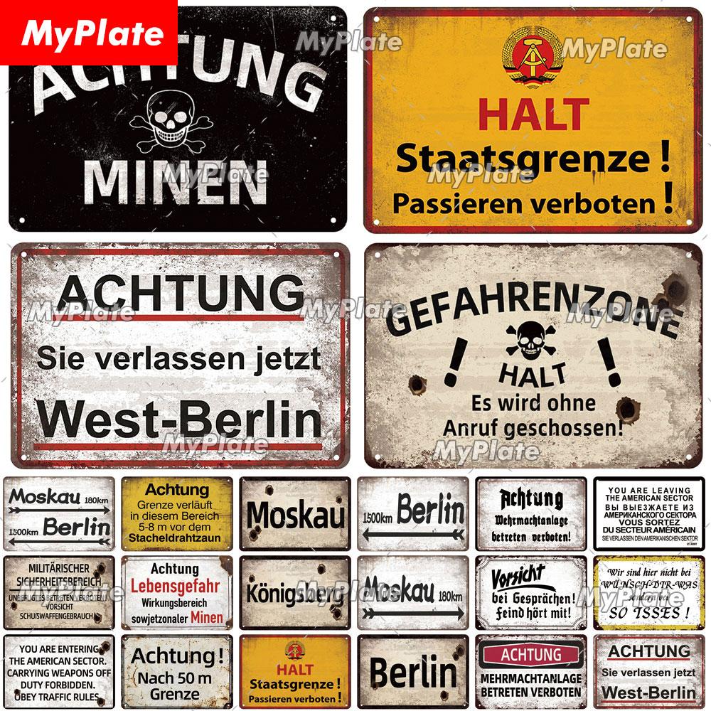 Vintage ACHTUNG HALT War Metal Signs Berlin Tin Sign Plaque Metal Plate Wall Decor For Pub Club Man Cave Plate Bar Decoration