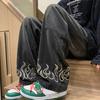 Мужские повседневные джинсы с пламенным узором, большие карманы, длинные брюки, прямые широкие брюки, уличные джинсовые брюки, вызывающие беспокойство