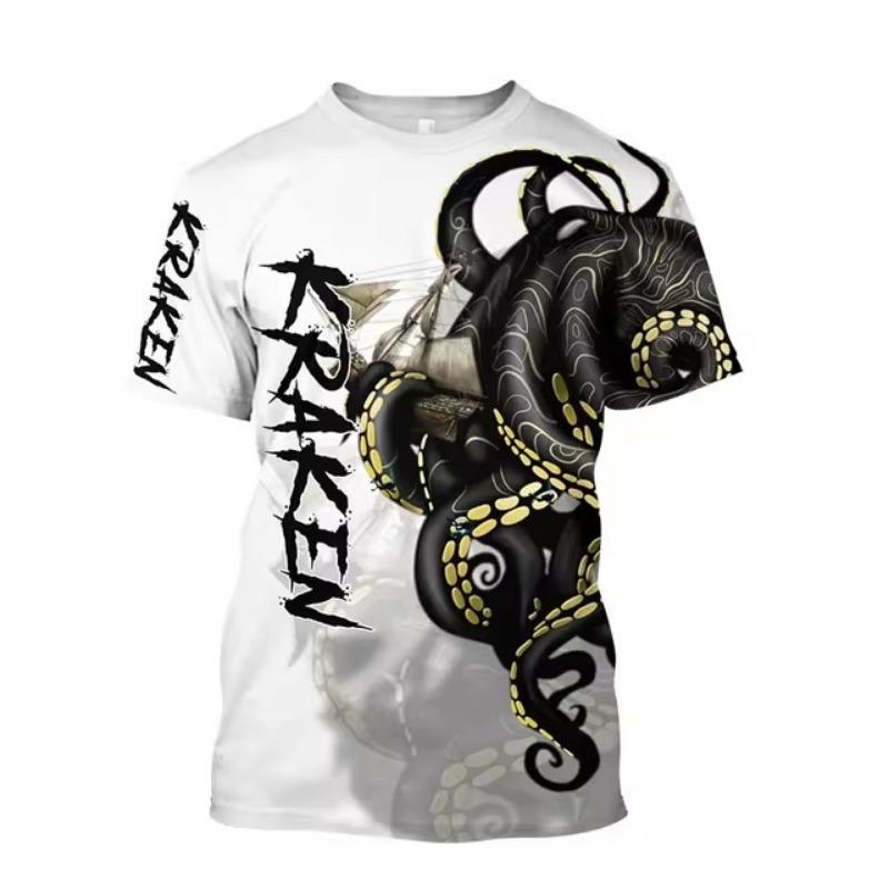 Мужская новая летняя футболка с коротким рукавом и 3d-принтом Hd с круглым вырезом и принтом «Океан», осьминог, индивидуальный ретро, ​​свободный топ больших размеров