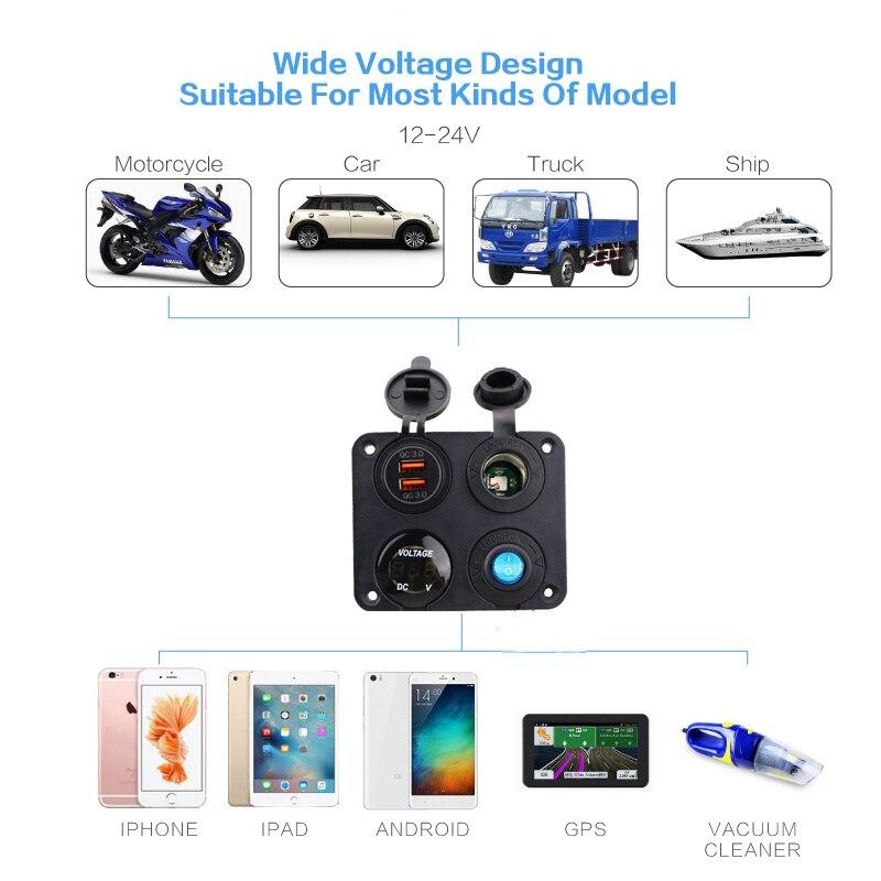 4 в 1 панель двойной QC 3,0 USB автомобильное зарядное устройство розетка вольтметр тумблер розетки для морской лодки RV грузовик