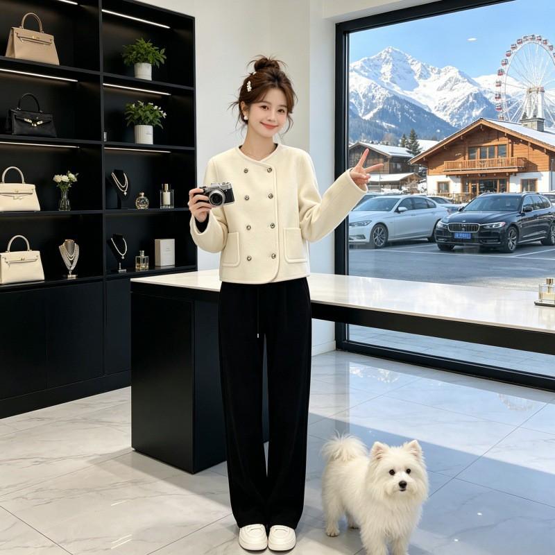 Womens Short Wool Blend Coat Small Fragrance Style Double Breasted Loose Fit Fashion Top