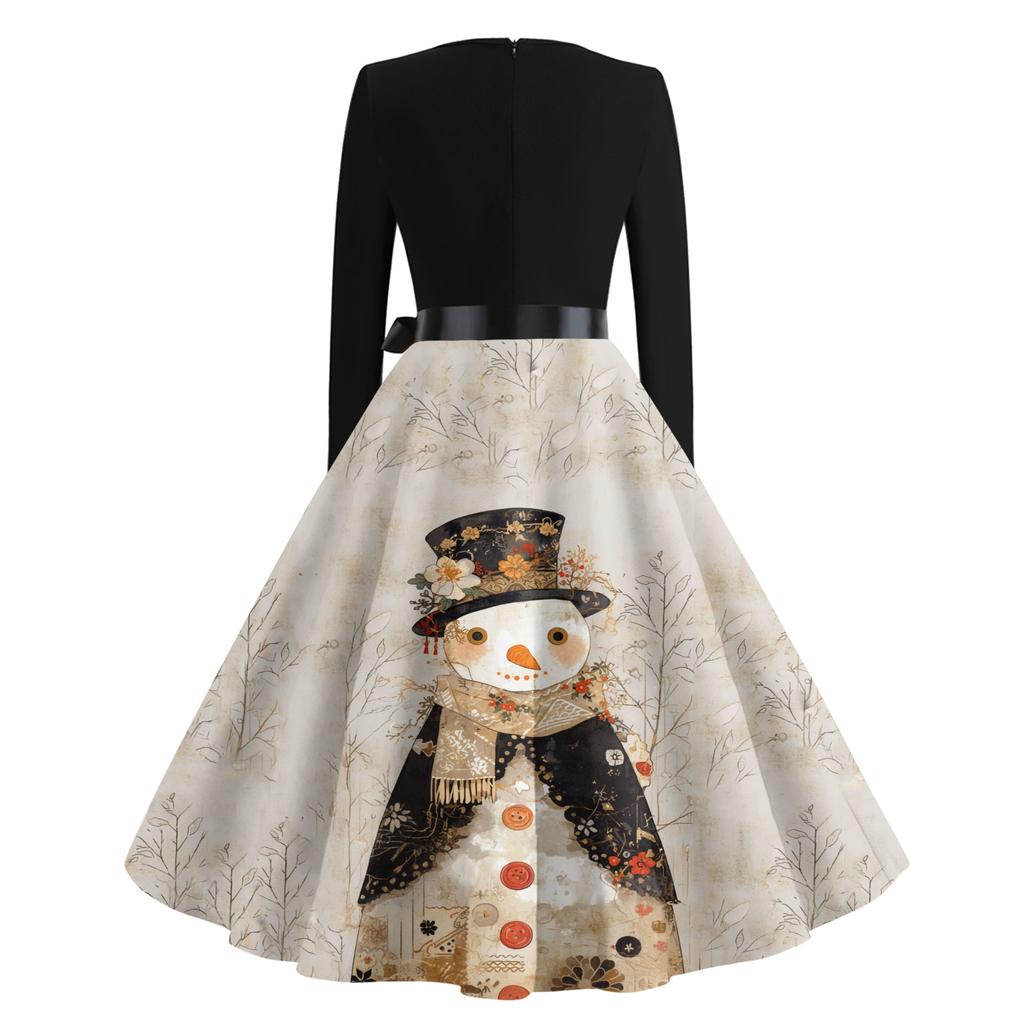 Женские повседневные модные платья с круглым вырезом, длинным рукавом, рождественским принтом, для вечеринки, винтажные длинные платья