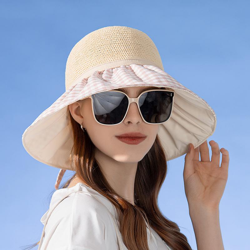 Летняя дышащая панама женская клетчатая хлопковая сетчатая шляпа от солнца с принтом легкая элегантная женская пляжная шляпа с большими полями на шнуровке и бантом