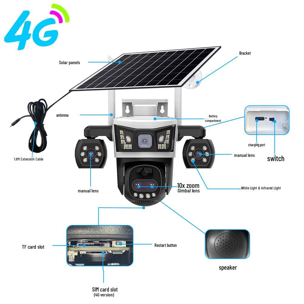 V380 Уличная 4G камера на солнечных батареях с ночным видением и водонепроницаемым трехэкранным дисплеем
