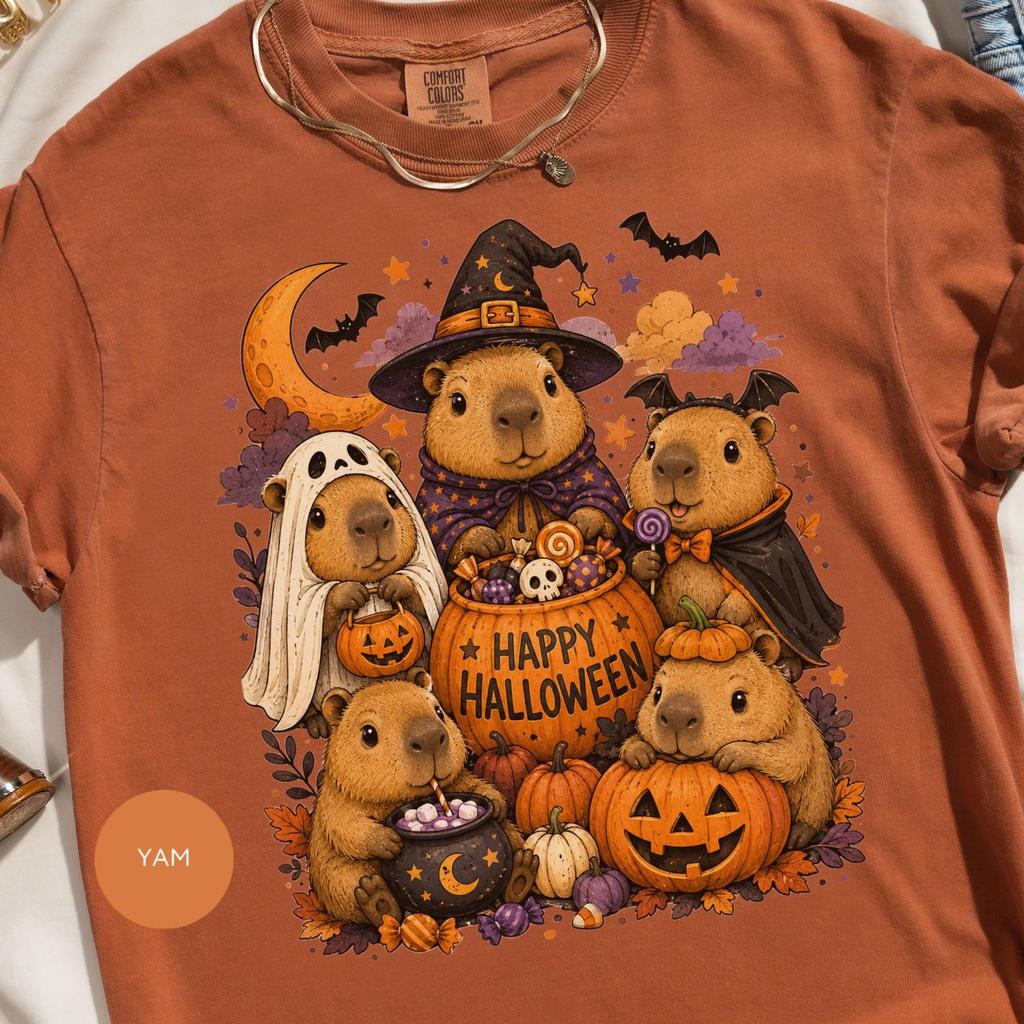 Capybara Tee, Happy Halloween T-Shirt with Whimsical Animal Design