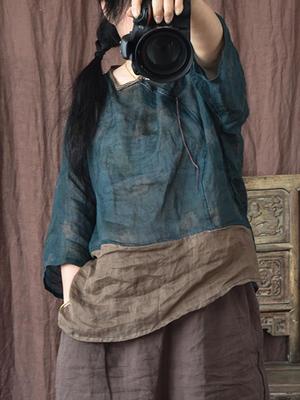 Женские рубашки с цветочным принтом рами, топы, одежда в китайском стиле, летние лоскутные блузки с семью рукавами