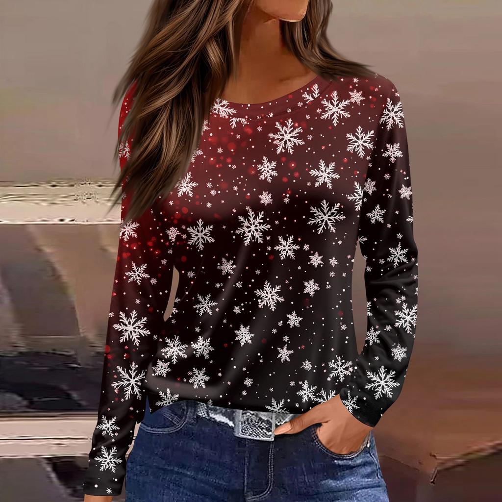 Женская модная повседневная футболка с разрезом по низу, круглым вырезом, длинными рукавами, свободного кроя, с рождественским принтом, женский топ