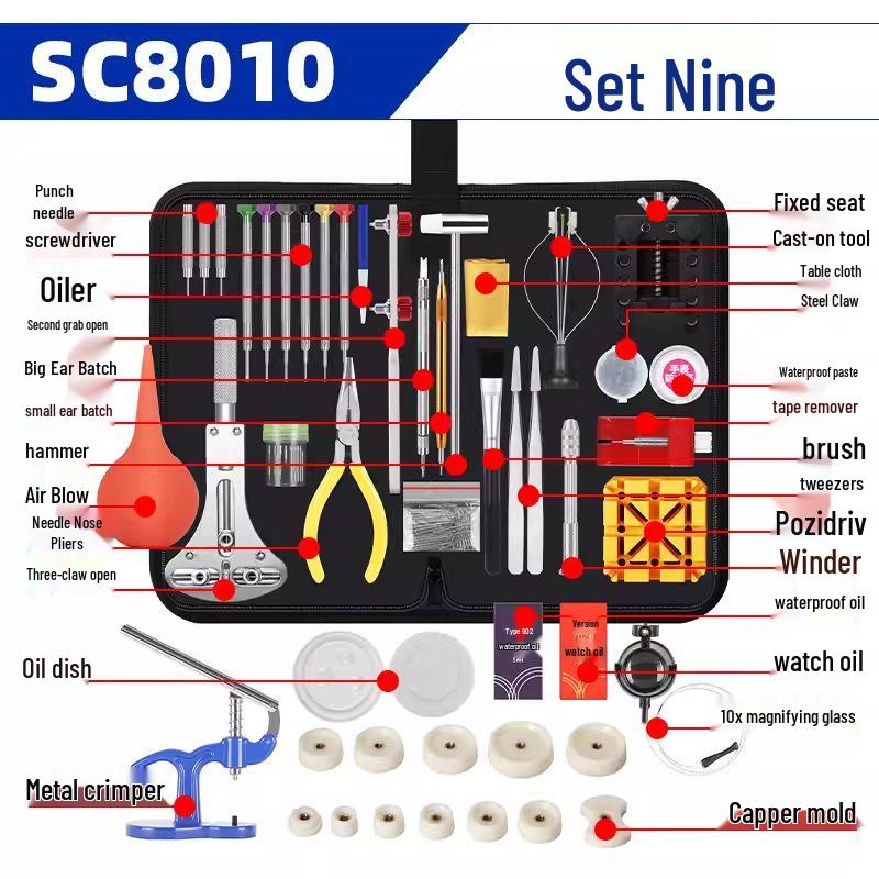 Набор инструментов для ремонта механических часов: снятие корпуса, ремешка, регулировка звеньев и замена батарейки.