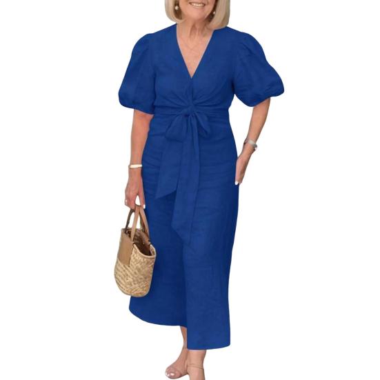 Летнее платье макси с V-образным вырезом, шнуровкой на талии, рукавами-фонариками, однотонное, свободное