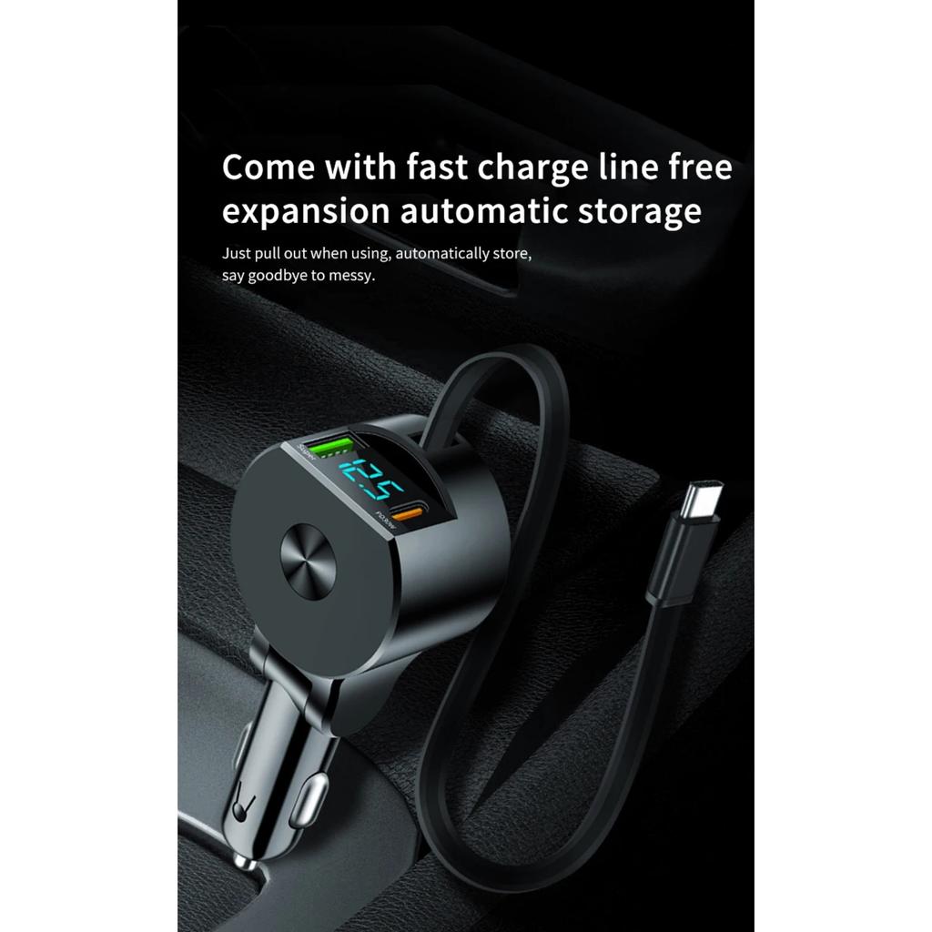 75W 3 In 1 Car Fast Car Phone Charger with Retractable Cable USB Type C Cable Adapter for IPhone Samsung Xiaomi Quick Charger3.0