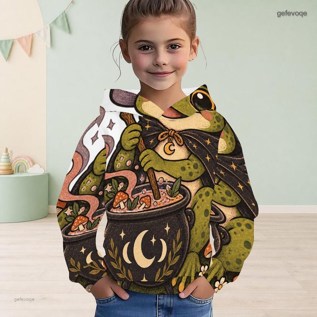 Girls Long Sleeve Hoodie Witch Frog Cauldron Print Casual Pullover