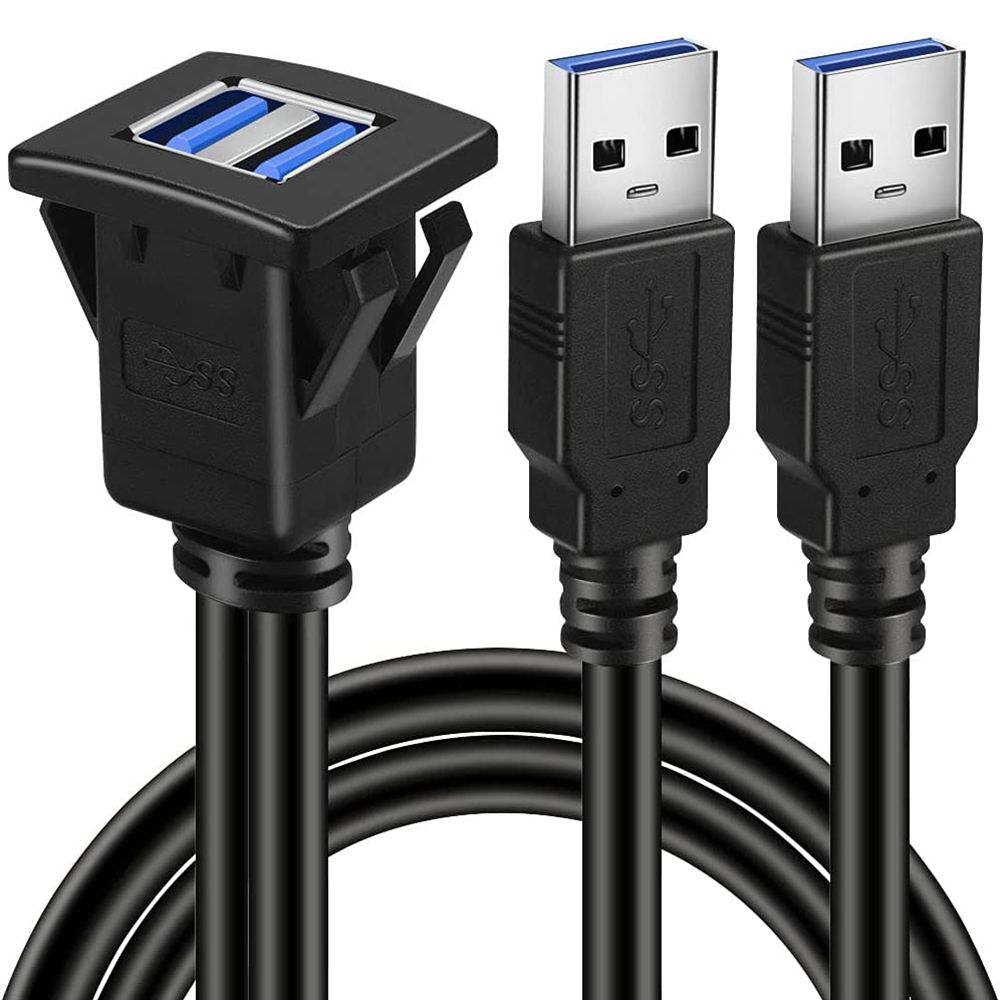 Boat Motorcycle Dual Ports Square Extension Cable Car Dashboard USB 3.0 Panel Flush Mount