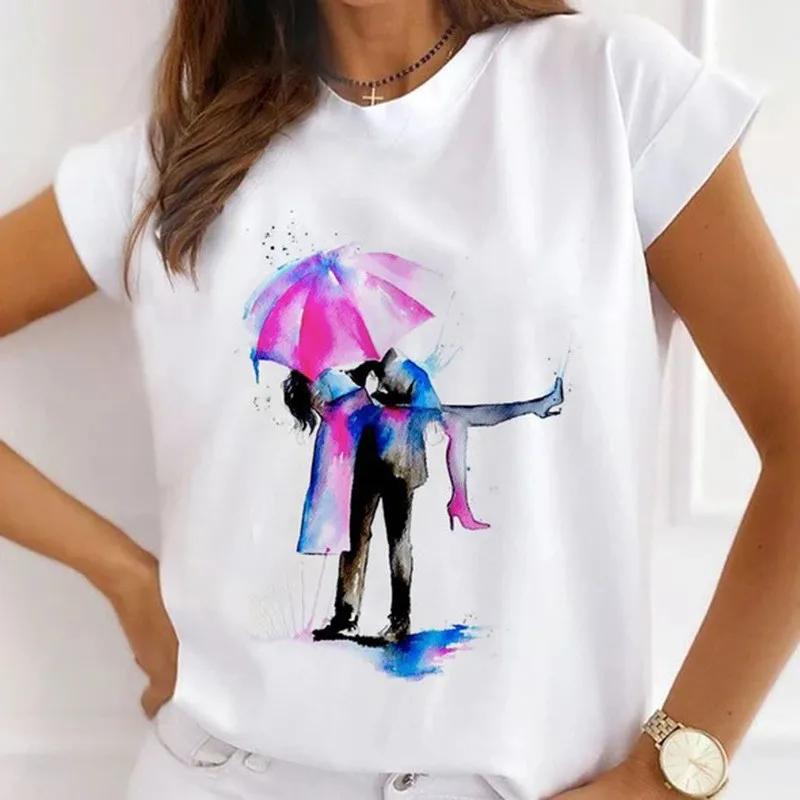 Women's Kawaii Short Sleeve Graphic T-shirt Fashion Girl Love Bottom Cartoon Design Polyester Fiber Summer Goth Style Top