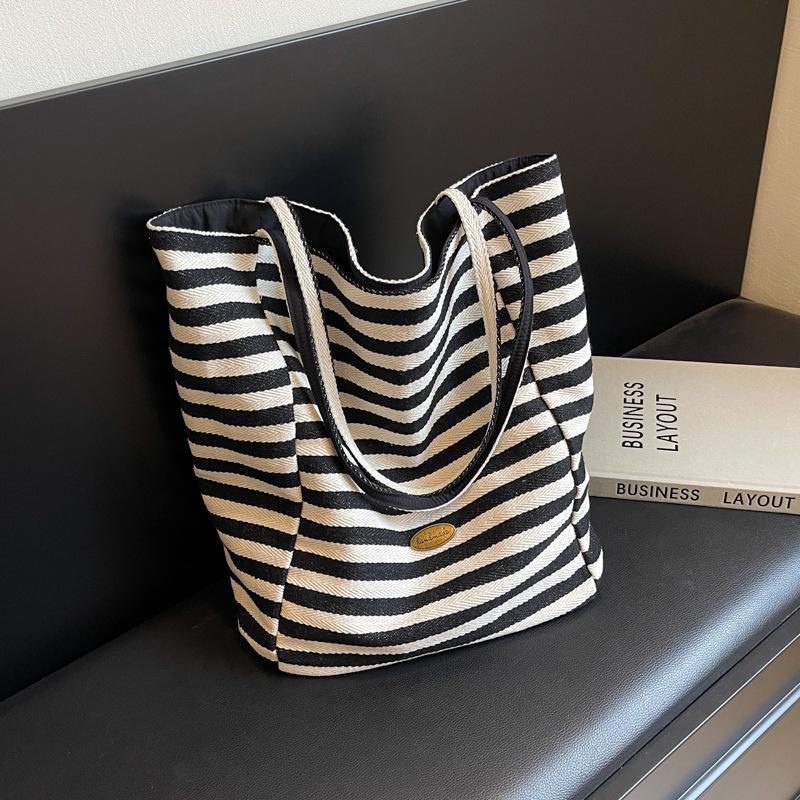 Women's 2024 Large Striped Canvas Tote Bag for Commuting & College Students