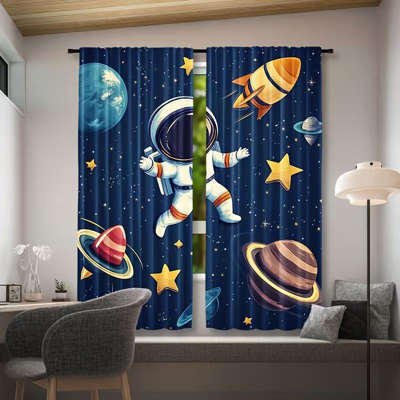2Pcs Katon Astronaut Planet print curtains,suitable for bedroom,living room kitchen decoration,home decoration,window decoration