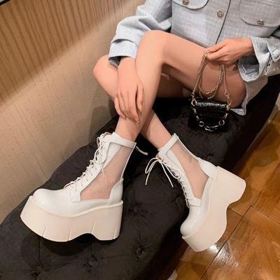 Летние сетчатые сапоги женские толстые подошвы челси прохладные сапоги полые кружева короткие бочонки сетчатые сапоги высокие каблуки женская обувь