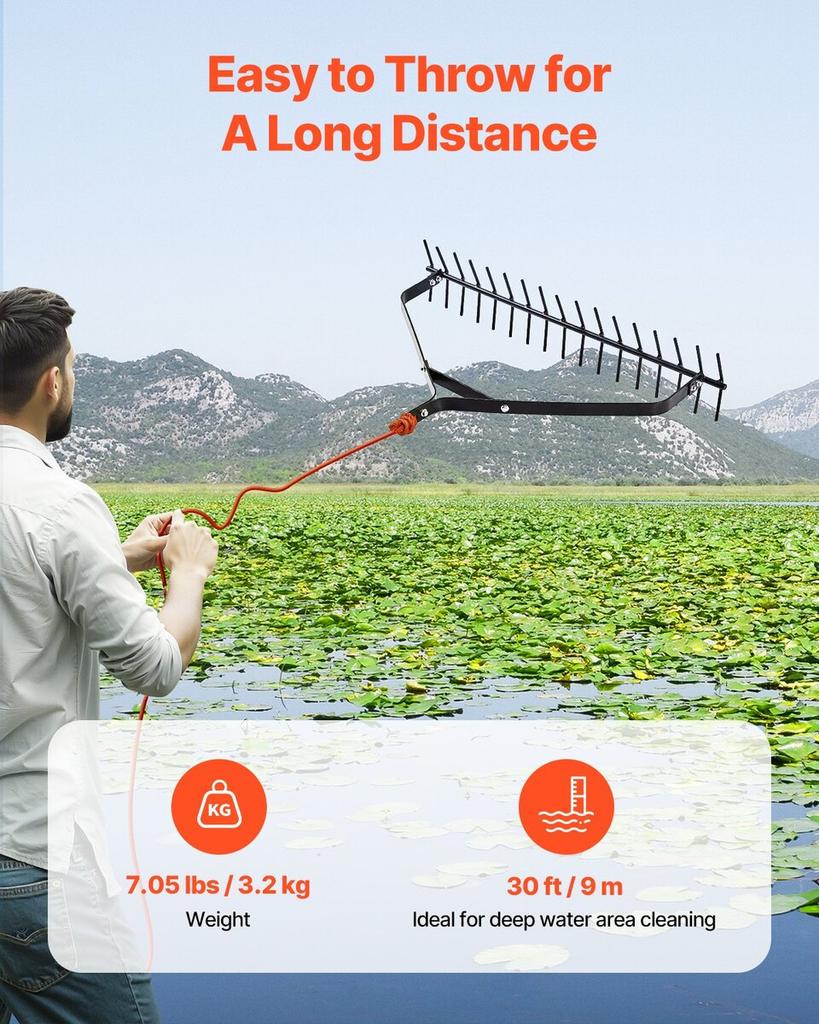 32x6.3 in Pond Aquatic Weed Rake Double-Sided Lake Weed Rake 30ft Rope
