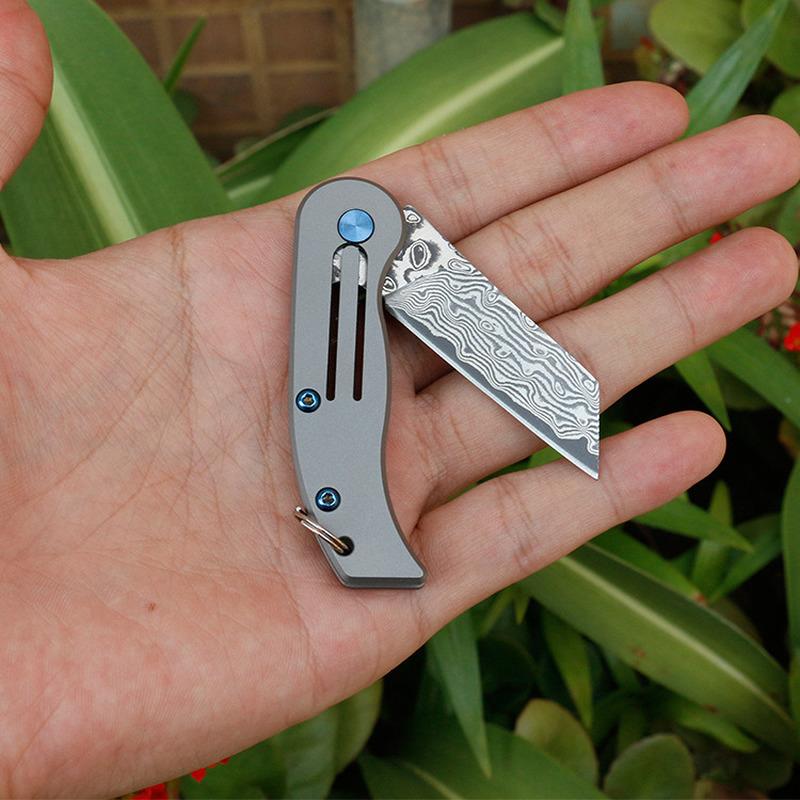 Damascus Steel Titanium Handle Keychain Mini EDC Portable Folding Pocket Knife Camping Survival