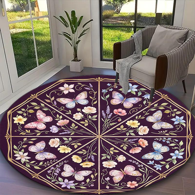 1pc Gentle Seasonal Butterfly Warmth Carpet for Room Floor Mat, Comfortable Office Chair Printed Round Rug, Beautiful Hotel Rug