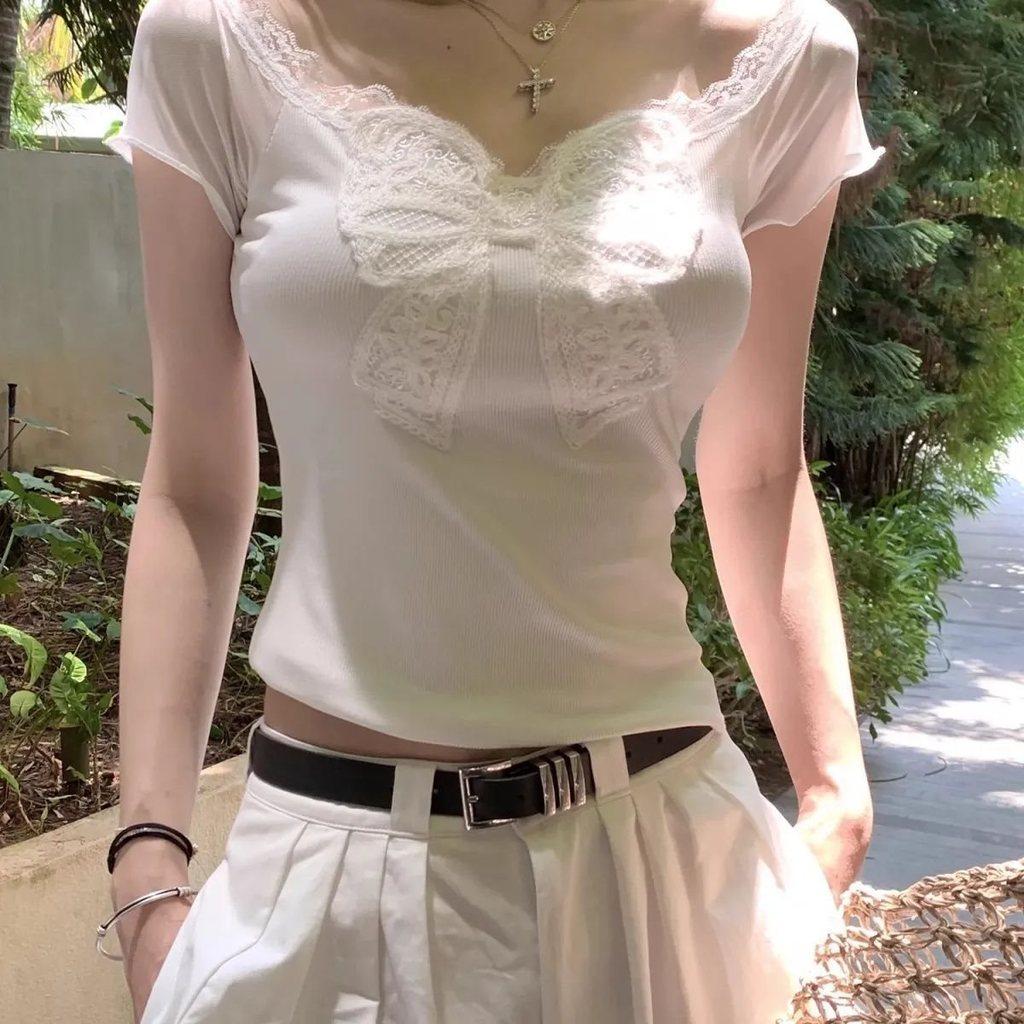 T Shirt With Lace Butterfly Bow Summer Womens White Oversize Designer Cotton