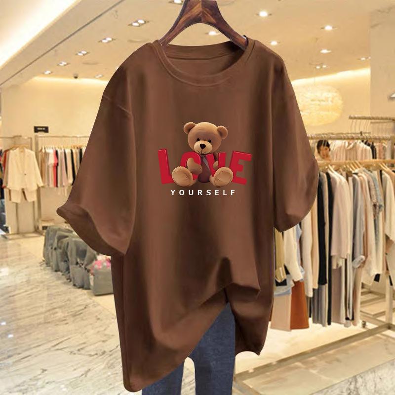 Женская летняя хлопковая футболка с принтом медведя - Корейский стиль, Свободный крой, Короткий рукав