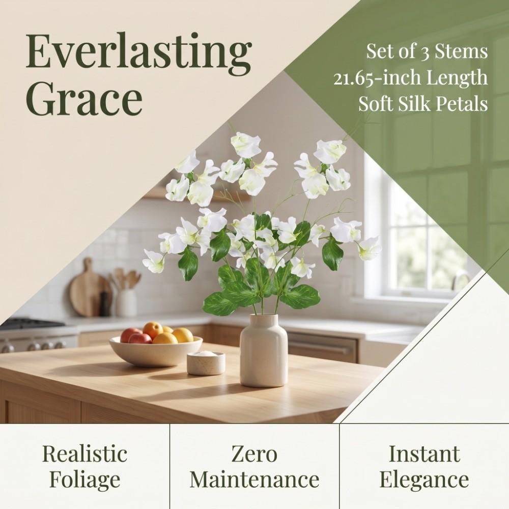 3pcs Silk Cloth, Iron Wire Sweet Pea Artificial Flower Single Stem Faux Flower Home Vase Decoration