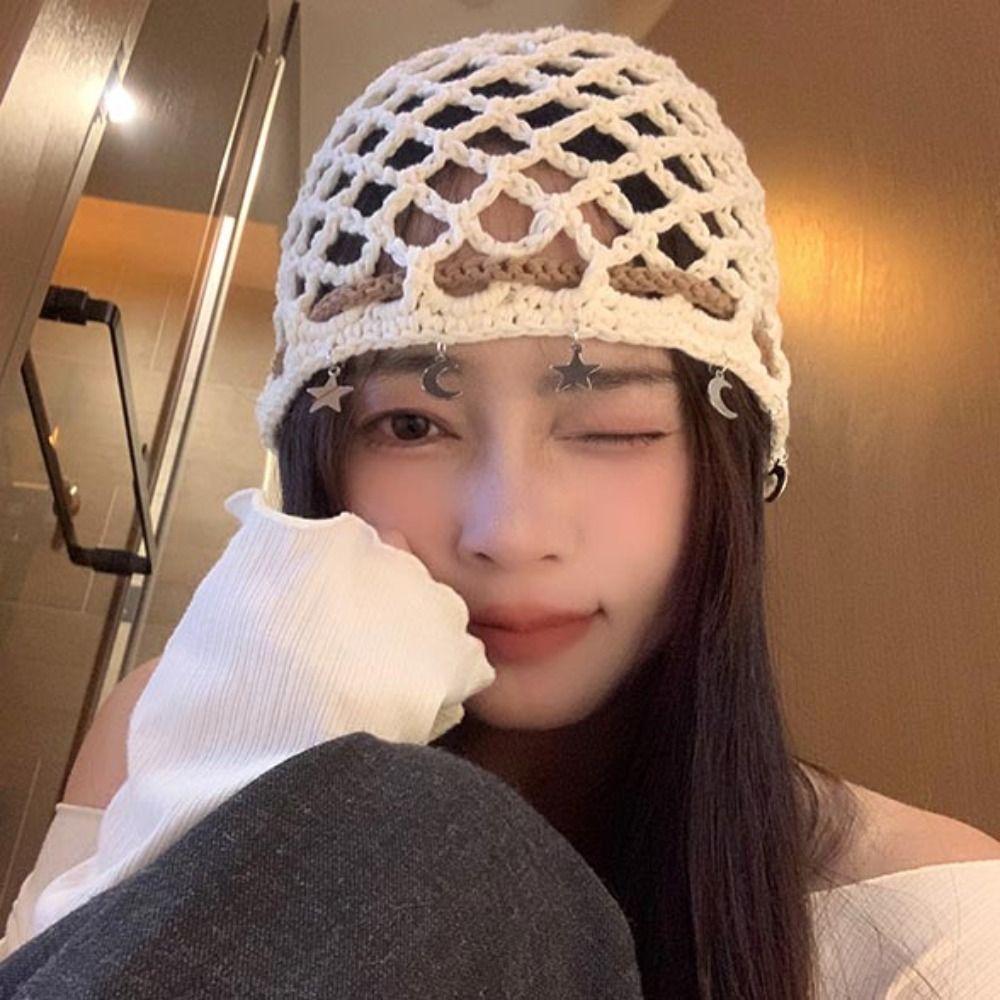 Weave Cap Tassel Pullover Hat Bohemian Korean Crochet Cap Vintage Hollow Knitted Beanies Hat  Women
