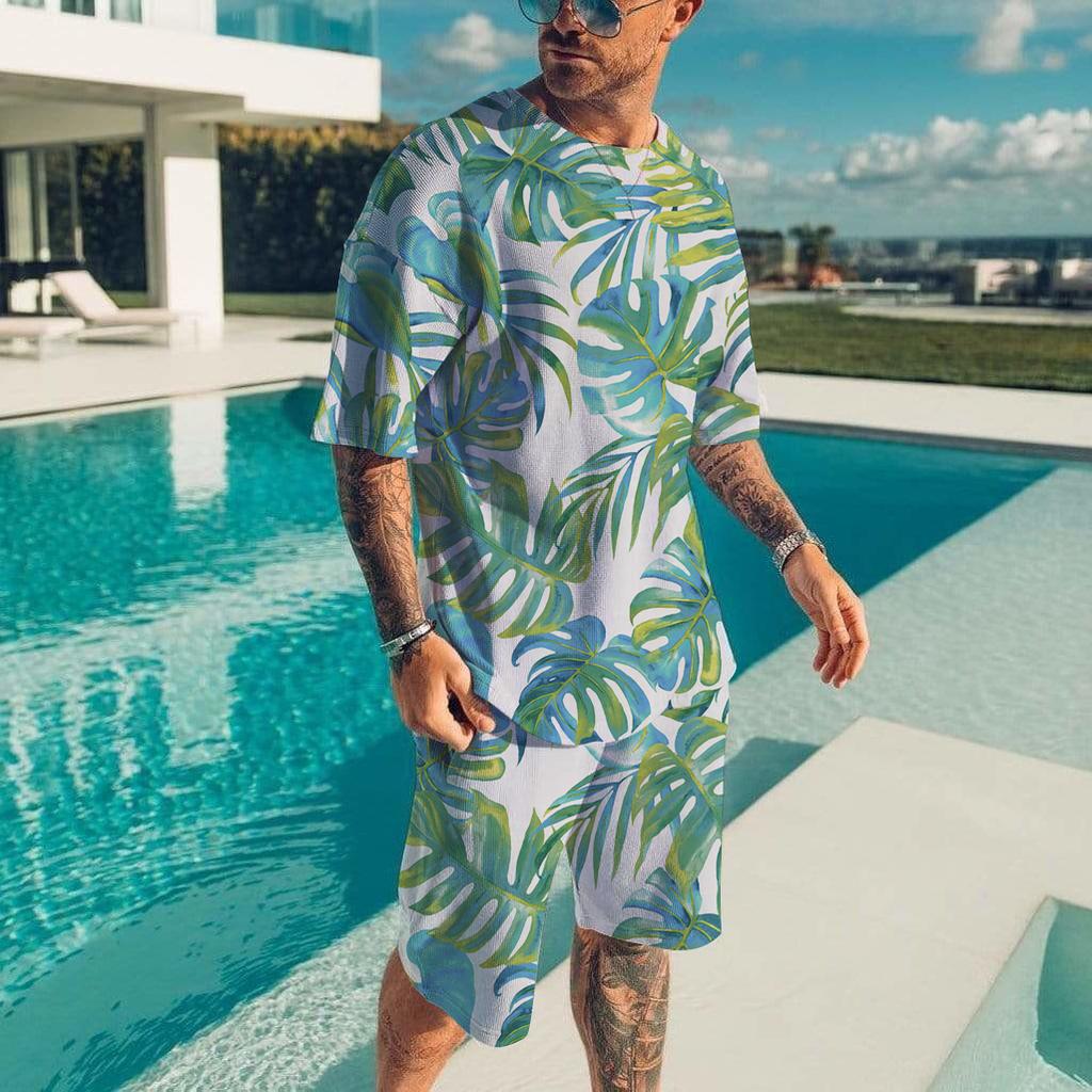 Гавайский мужской комплект, повседневная футболка, пляжные брюки, костюм, повседневный стильный мужской топ с коротким рукавом, для отдыха на природе, мужские футболки, короткий комплект из двух предметов