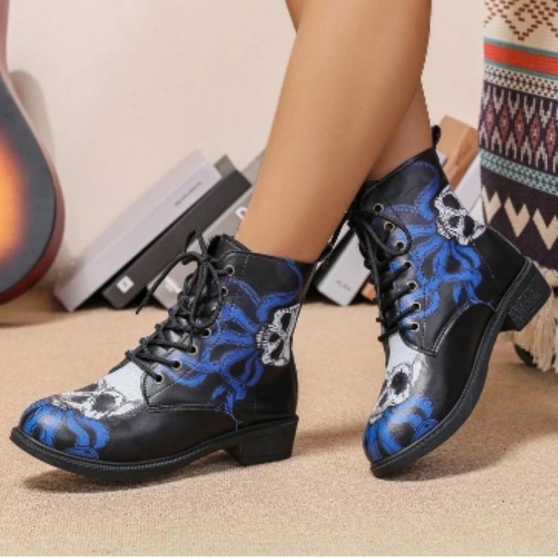 Обувь для женщин 2024 года, модные осенние женские ботинки со шнуровкой, с круглым носком, разноцветный принт, короткие ботинки на низком каблуке для поездок на работу