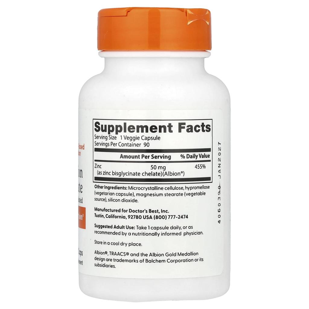 Doctor's Best Высокоабсорбируемый бисглицинат цинка, 100% хелатный, 50 мг, 90 растительных капсул