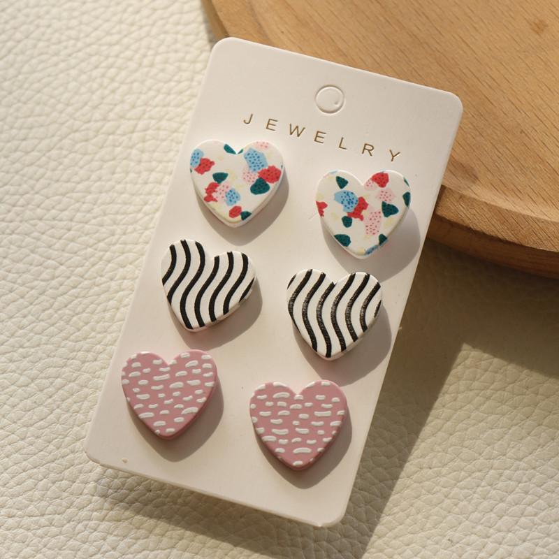 3 пары/компл. акриловые серьги-гвоздики в форме сердца для женщин, серьги-гвоздики в форме макарон с разноцветными горошками и леопардовой полосой, корейские ювелирные аксессуары