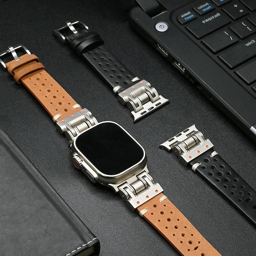 Роскошный металлический кожаный ремешок для Apple Watch Ultra 3 2 49 мм Ремешок для iWatch Серии 11 10 9 8 7 6 se Браслет Correa 45 мм 44 мм 46 мм