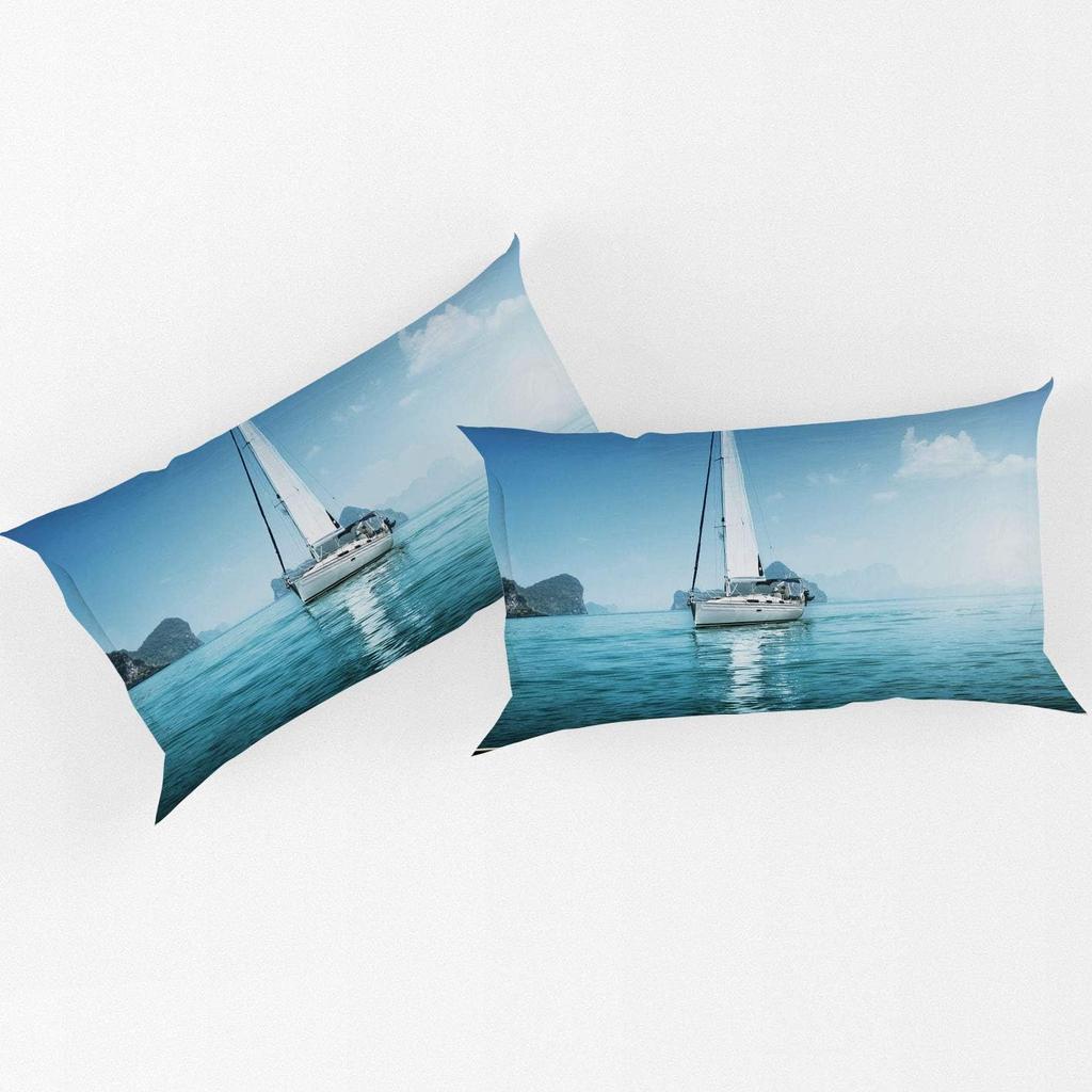 Морской комплект одеяла Синий океан Набор пододеяльника, Рисунок корабля на пляже, Декор якоря парусника, Угловые завязки, Волнистый узор