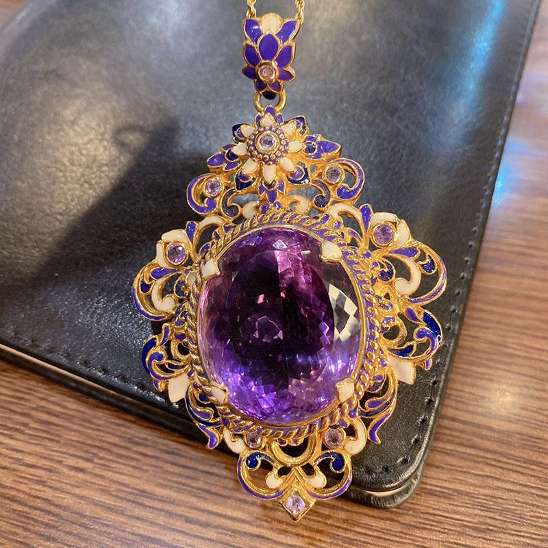 New Vintage High Quality Oval Purple Stone Zircon Sets For Women Luxury Medieval Enamel Hollow Out Big Pendant Necklaces Rings