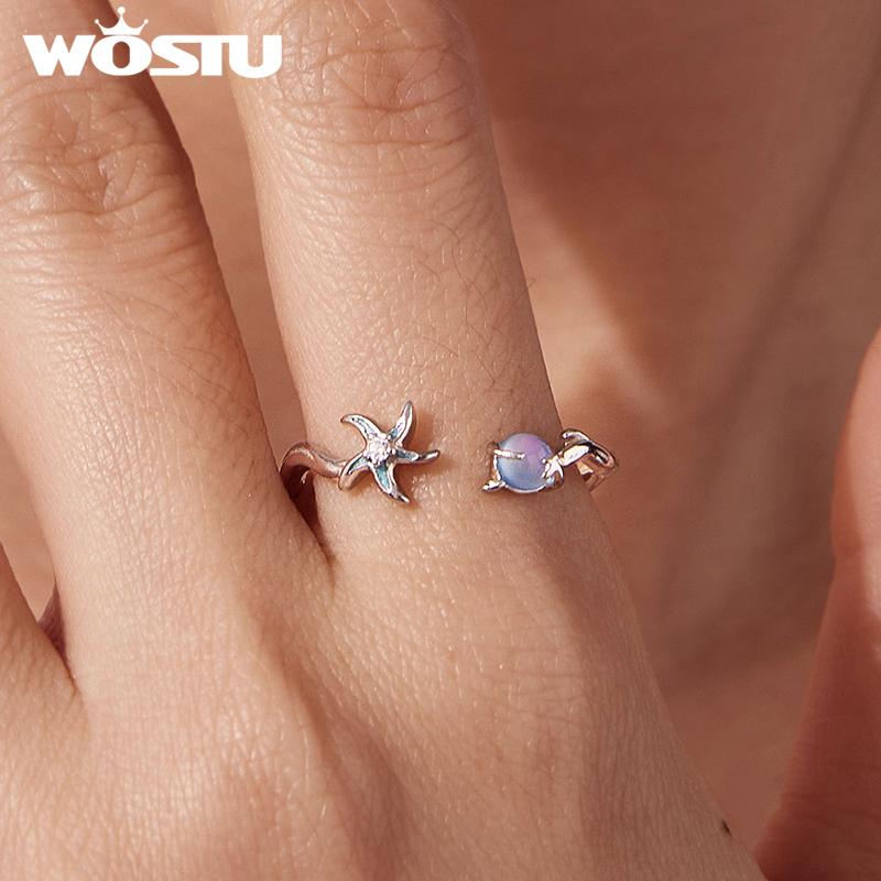 WOSTU Ocean Jewelry 925 Sterling Silver Starfish Open Ring Women Stackable s925 Rings Holiday Beach Wear