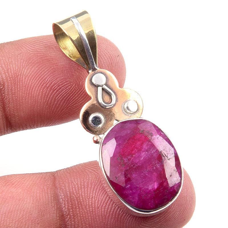 Red Ruby(Simulated) Handmade 925 Sterling Silver Two Tone Pendant 1.75" L8t32