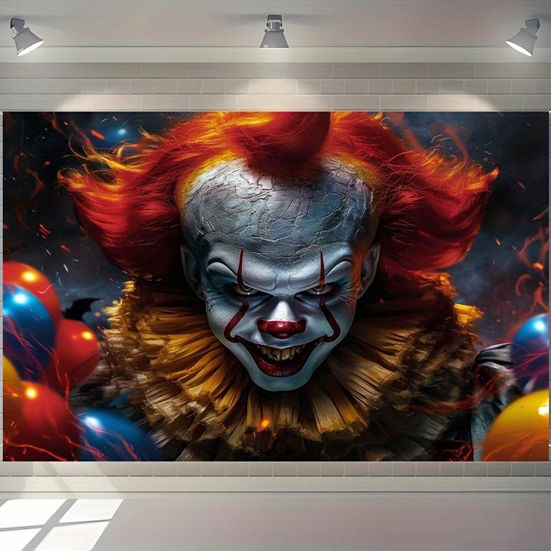 A 2D flat Halloween polyester background cloth with a terrifying and evil clown pattern  suitable for Halloween