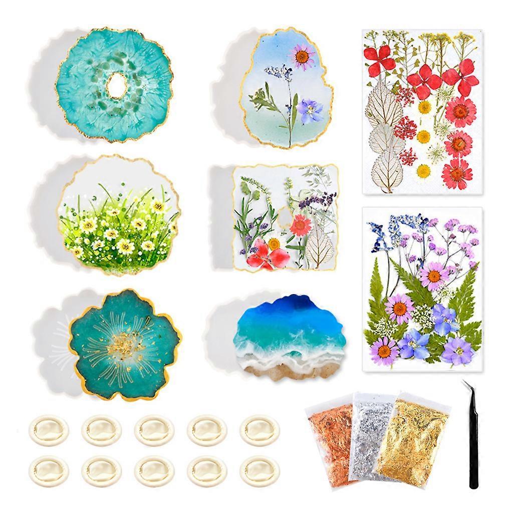 6Pcs Silicone Irregular Coaster Epoxy Resin Molds with Foil Flakes Dried Flowers Cup Holder Mat Mould DIY Craft Tools