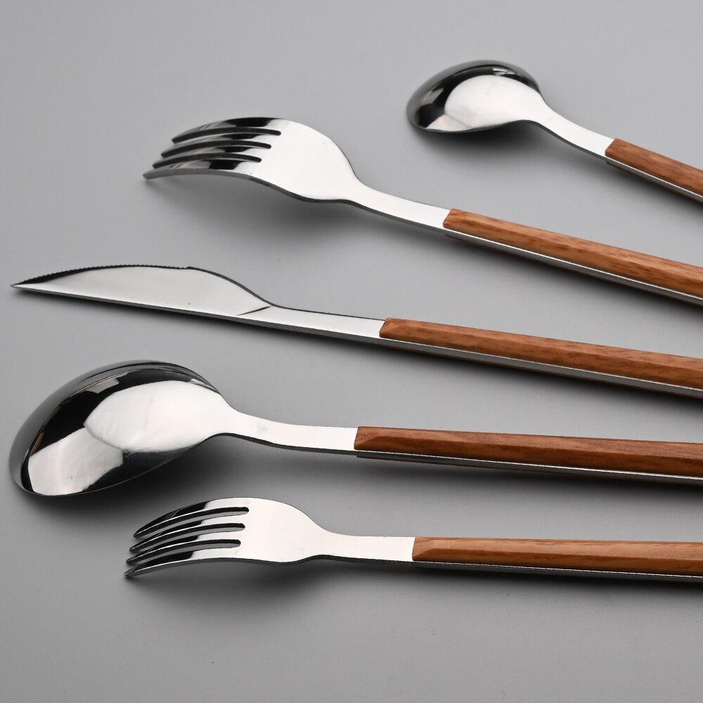 16 шт. наборы столовых приборов из нержавеющей стали, глянцевая серебряная деревянная посуда, западный пищевой нож, вилка, чайная ложка, столовые приборы, набор столовых приборов
