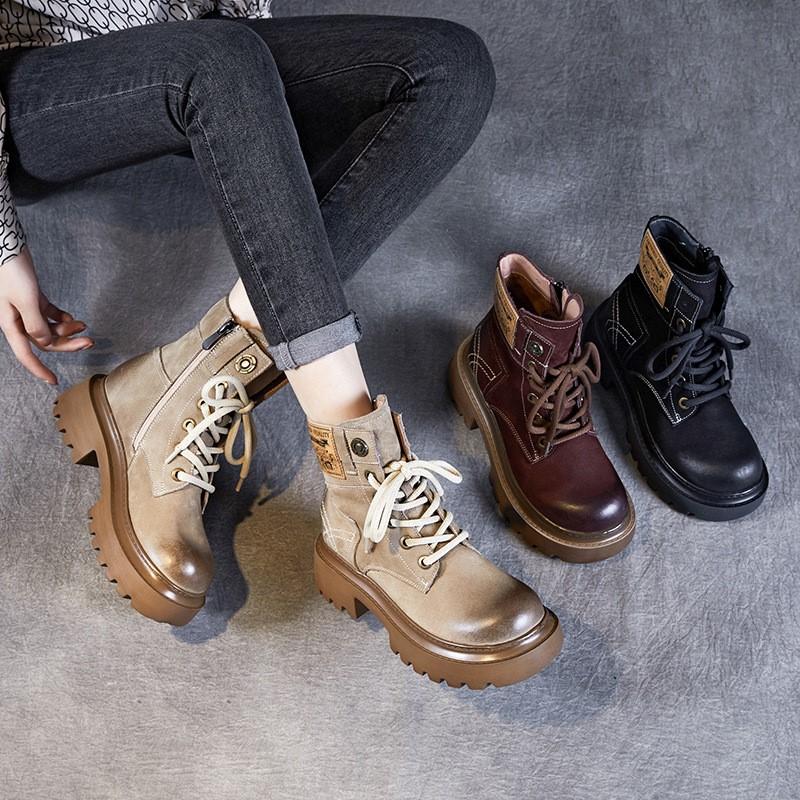 Johnature Ботинки martin из натуральной кожи, женские однотонные туфли в стиле ретро с круглым носком, ботильоны на толстой подошве