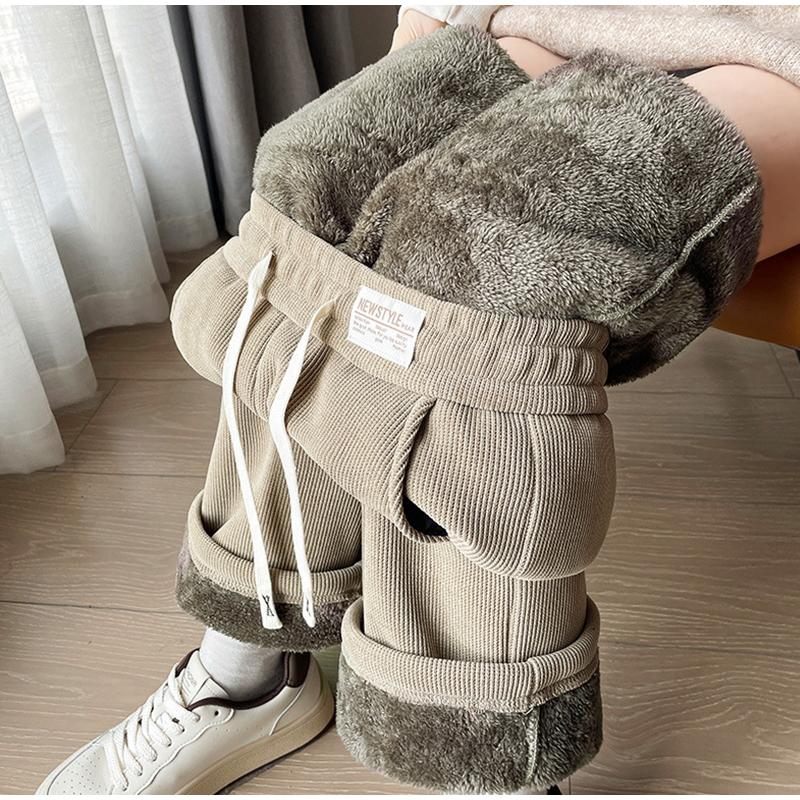 Модные флисовые женские утепленные брюки из вельвета, бархата, однотонные, с эластичной резинкой на талии, повседневные теплые прямые брюки на осень-зиму