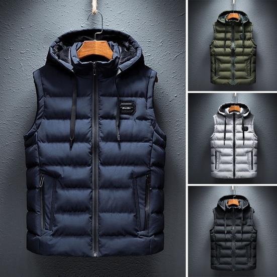 Мужской зимний хлопковый жилет с мягкой подкладкой, толстый теплый без рукавов, с капюшоном, карманами на шнурке, ветрозащитный мягкий теплый мужской однотонный мужской жилет