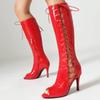 Fashion Women's Knee Thigh High Boots Sexy Lace-up Peep Toe Patent Red Black White Dance Fetish Party Shoes Lady Big Size 45 2024 Summer