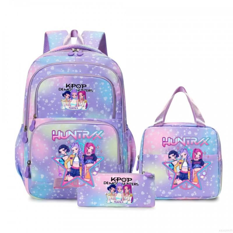 K-Pop Inspired Cartoon School Backpack Set Teen Girls 3pcs Lunch Bag Main Pencil Case Arc Shoulder Straps British Style