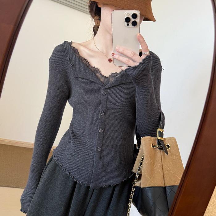 Women's High-End French Lace Knit Patchwork Top - Ruffled, Two-Piece Look, Ideal for Autumn/Winter