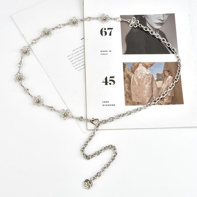 High-end Simple Metal Flower Decoration Rhinestone Waist Chain Women's Dress Accessories Temperament Belt Women