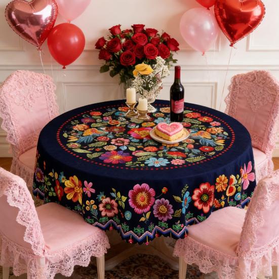 Мексиканская скатерть с цветочным принтом, круглая, с фестончатым краем, красочная скатерть с узором в стиле народного искусства для дома, фермерского дома, обеденного стола