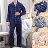 2 Pcs/Set Men Pajamas Set Satin Lapel Long Sleeve Single-breasted Patch Pocket Elastic Waist Soft Wide Leg Men Homewear Shirt Pants Set Fall