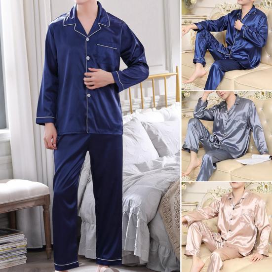 2 Pcs/Set Men Pajamas Set Satin Lapel Long Sleeve Single-breasted Patch Pocket Elastic Waist Soft Wide Leg Men Homewear Shirt Pants Set Fall